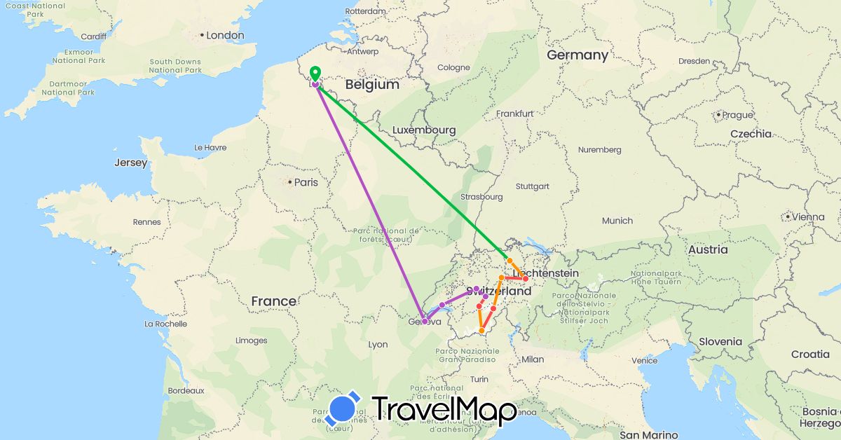 TravelMap itinerary: driving, bus, train, hiking, hitchhiking in Switzerland, France (Europe)